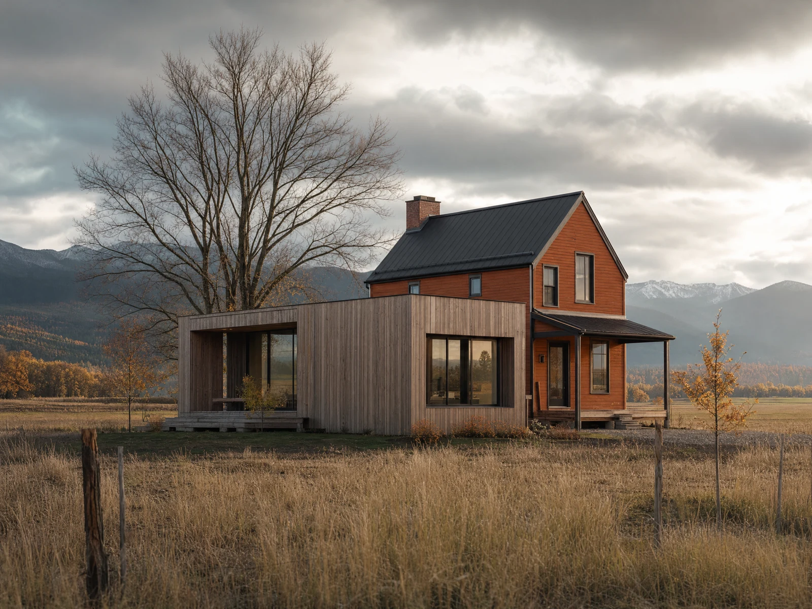 Illustrative concept: Simple rural farmhouse addition with restrained siding and a generous yard